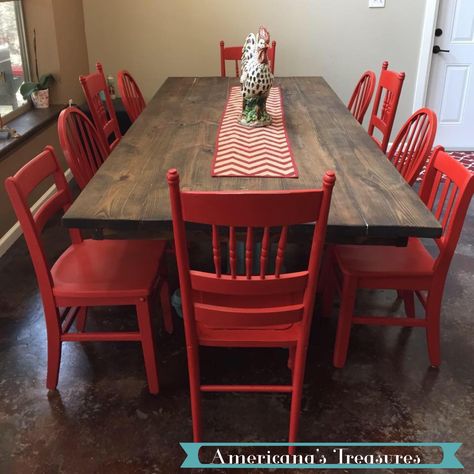 Dining Table Red Chairs, Red Painted Dining Chairs, Dining Room With Red Accents, Red Dining Room Chairs, Red Kitchen Chairs, Red Chairs Dining, Red Kitchen Tables, Rustic Kitchen Chairs, Mix Match Chairs