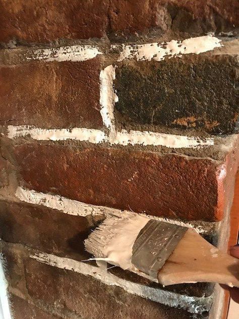 Change Your Brick to Farmhouse Style in a Day Paint Mortar Between Bricks, Lime Wash On Red Brick, How To Lighten Brick Fireplace, Lighten Brick Fireplace, Brick With Black Grout, Mortar Washed Brick Fireplace, Painted Brick Backsplash, Painting Bricks, Distressed Brick