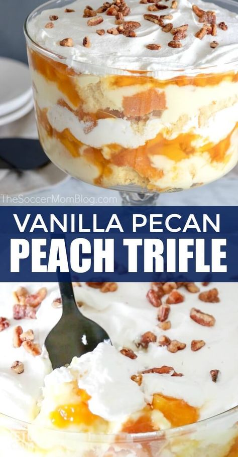 Trifle Ideas, Trifle Easy, Peach Trifle, Peaches Recipes, Summer Pies, Trifle Bowl Recipes, 5 Sisters, Trifle Dessert Recipes, Trifle Recipes