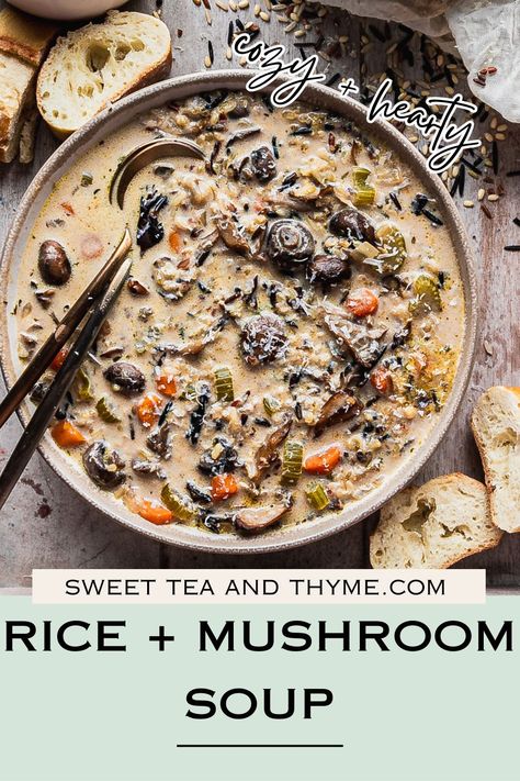 Indulge in the rich flavors of our Wild Rice & Mushroom Soup – a hearty blend of earthy mushrooms and nutty wild rice. Perfect for cozy nights in. Wild Mushroom Soup Recipes, Mushroom And Rice Soup, Mushroom And Rice, Wild Rice Mushroom Soup, Rice Mushroom Soup, Mushroom Wild Rice Soup, Wild Rice Mushroom, Rosemary Mushrooms, Chicken Coconut Soup