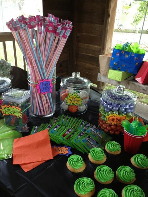 Half of the candy table Ninja Turtle Candy Table, Turtle Candy, Turtles Candy, Treat Table, Candy Ideas, Birthday 5, Ninja Turtle Party, Turtle Party, Candy Table