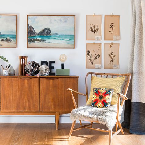 Ercol Living Room Ideas, Scandi Vintage Living Room, Styling A Credenza, Retro Scandinavian Interior, Ercol Sideboard, Ercol Armchair, Sideboard Styling, Scandi Living Room, Formal Lounge