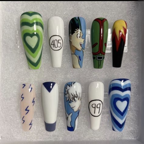 Anime Nails Hunter X Hunter, Hunter X Hunter Nails Acrylic, Killua Nails Design, Hxh Nail Art, Cute Anime Nail Designs, Hunter Hunter Nails, Hxh Nails Design, Hunter X Hunter Nail Art, Tokyo Ghoul Nails Designs