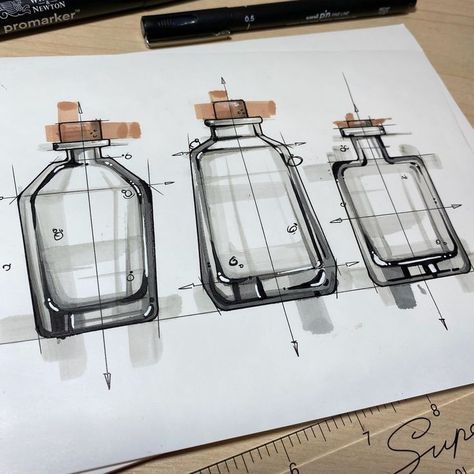 Glass Bottle Drawing Sketch, Glass Rendering, Glass Sketch, Industrial Design Portfolio, Glass Markers, Bottle Drawing, Design Sketching, Mechanical Engineering Design, Architecture Portfolio Design