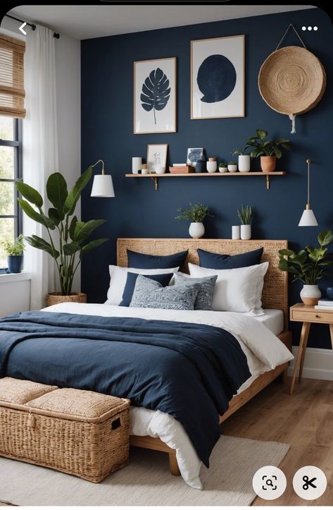 Casa Open Space, Ikea Inspired Bedroom, Dark Blue Bedrooms, Blue Bedroom Walls, Wooden Stairs, Bedroom Refresh, Blue Rooms, Small Room Bedroom, Blue Bedroom