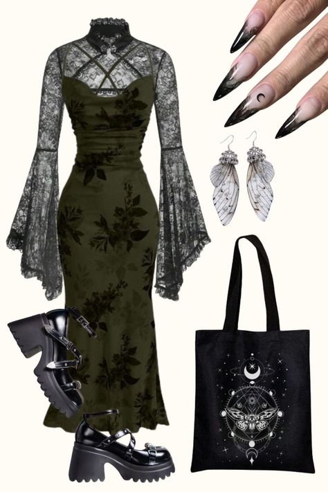 Goth Outfit, Black Aesthetic, Goth Cottagecore Outfit, Witch Outfit, Goth Fashion, Black Nails, Butterfly Jewelry. 🦋 Goth Fantasy Outfit, Cottagecore Goth Outfits, Goth Cottagecore Outfits, Black Nails Butterfly, Green Goth Outfit, Goth Fairy Outfit, Green Witch Aesthetic Fashion, Witchy Outfits Aesthetic, Sable Ward