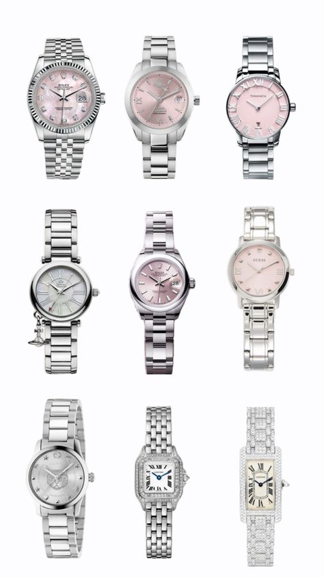 #watch#silver#rosa#pink#hellokitty#urspiderverse#aesthetic#viviennewestwood#cartier#pinterest Silver Watch Aesthetic, Watch Stack, Elegant Watches Women, Pandora Bracelet Designs, Silver Watches Women, Cute Watches, Pink Perfume, Pink Watch, Watches Women