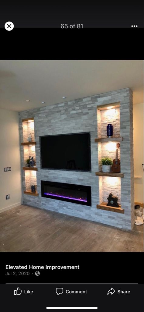 White stone witb built-ins Stone Accent Wall Basement, Stone Media Wall, Basement Shelves, Stove Hearth, Fireplace Walls, Wood Stove Hearth, Media Walls, Living Room Upgrades, Stacked Stone Walls