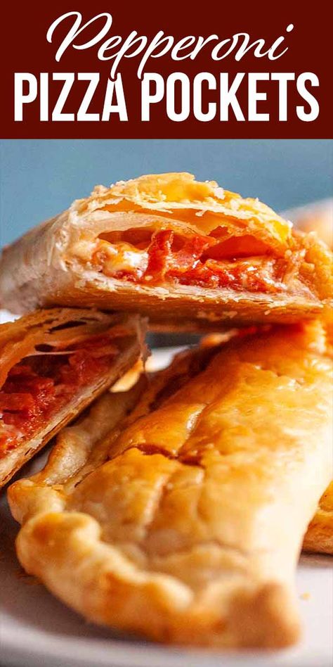 Pepperoni Pizza Pockets! Pepperoni pizza in your hand, literally! These pizza pockets are like your own personal hot pocket, but homemade. Think of them like a calzone, but with a much flakier crust. #pizza #pepperoni #hotpockets #simplyrecipes #handpie Hot Pocket Recipes Homemade, Pie Crust Pizza Recipe, Hot Pockets Homemade Crescent Rolls, Homemade Hot Pockets Puff Pastry, Pie Crust Calzone, Pie Crust Pizza Pockets, Hot Pockets Recipe, Pizza Pockets Homemade, Sealed Sandwiches