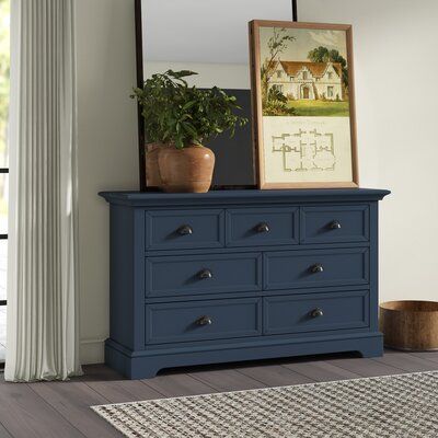 Your stately master suite deserves this distinctive dresser! Crafted from solid and manufactured wood, its frame is brimming with traditional character thanks to molded trim along the top and base finished. It offers seven cup pull-adorned drawers for keeping socks and sweaters safely tucked away. Best of all, no assembly is required and this product comes backed by a one-year warranty. Color: Blue | Greyleigh™ Alicea 7 Drawer 58" W Double Dresser Wood in Blue, Size 34.75 H x 58.0 W x 18.0 D in Dresser Wood, Blue Dresser, 7 Drawer Dresser, 2 Drawer Nightstand, Double Dresser, Bedroom Dressers, Dressers And Chests, Drawer Nightstand, Drawer Chest