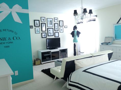 My daughter Cassie's new Tiffany inspired room. Blue Teen Bedroom, Blue Teen Bedrooms, Tiffany Decor, Tiffany Inspired Bedroom, Blue Themed Bedroom, Blue Teen Girl Bedroom, Tiffany Bedroom, Tiffany Blue Bedroom, Closet Rooms