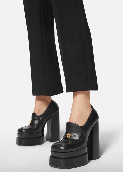 Versace Intrico Platform Loafers for Women | US Online Store Strap Sandals Heels, Large Size Womens Shoes, Luxury Clothes Men, Chunky Heel Shoes, Versace Home, Heels Classy, Platform Block Heels, Winter Ankle Boots, Purple Shoes