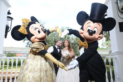 How to add an appearance by Mickey and Minnie to your Disney Wedding! Disney Wedding Reception, Fairytale Wedding Ceremony, Disney Fairytale Wedding, Disney Anniversary, Wedding Disney, Fairytale Party, Disney Bride, Disney Fairy Tale Weddings, Anniversary Photoshoot