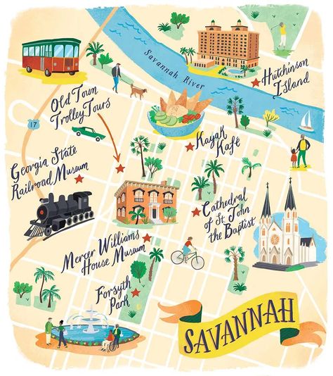 Savannah Georgia Map, Colombia Map, Museum Island, Georgia Map, Illustrated Maps, Forsyth Park, Georgia State, Living Magazine, Savannah Georgia