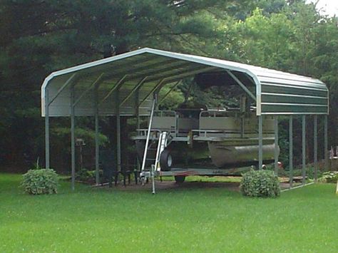 Pontoon Boat Cover - Protect your pontoon in the off season with one of our custom metal boat covers. A carport for your pontoon boat! Carport Tent, Pontoon Boat Covers, Portable Carport, Boat Garage, Pontoon Boat Accessories, Diy Carport, Steel Carports, Carport Canopy, Boat Shed