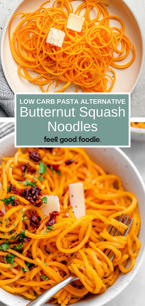 Butternut Squash Noodles are a fun colorful low-carb pasta alternative that you can swap in your favorite noodle recipe or enjoy on their own as a side dish Noodle Substitute Low Carb, Butternut Squash Noodles Recipes, Cooking Spagetti Squash, Low Carb Pasta Alternatives, Squash Noodles Recipes, Low Fat High Protein Recipes, Cushaw Squash, How To Make Noodles, Butternut Squash Noodles