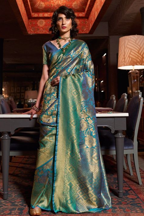 "fantastic colours in silk very fashionable" - sarita s. Latest Silk Sarees, South Silk Sarees, Indian Designer Sarees, Green Saree, Blue Saree, Art Silk Sarees, Kanjivaram Sarees, Latest Sarees, Kanchipuram Silk Saree