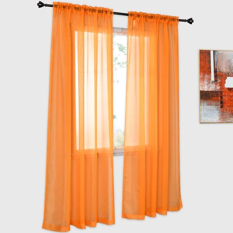 PRICES MAY VARY. Polyester Set includes 2 sheer panels of 52" wide x 84" length. total is 104 inch width. Sheer curtain is made of 100% Polyester. Very soft,and environmentally friendly. These sheer curtains are pretty and light. They don’t completely block the sunlight but filter it nicely. There is sufficient air circulation and great light, but it still provides privacy. Suitable for any room. 3” Rod pocket sheer white curtain allows simple slide-through installation on most curtain rods. A s Orange Sheer Curtains, Drapes For Bedroom, Orange Curtains, Voile Panels, Pocket Window, White Sheer Curtains, Elegant Bedroom, Rod Pocket Curtain Panels, White Curtains