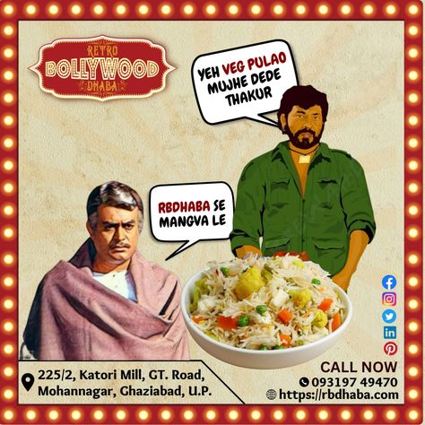 Retro Bollywood Dhaba's Veg Pulao: A Flavorful Escape to Bollywood's Golden Era! Lose yourself in the authentic taste and aroma of RBDhaba's mouth-watering Veg Pulao, as our retro Bollywood ambience transports you to a world of glamour and nostalgia! " 🍚🎶🎞️ Visit our website now https://rbdhaba.com/ to explore more!! #dhaba #bollywood #bollywooddhaba #bollywoodfood #bollywoodrestaurant #bollywoodfoodporn #bollywoodfoodie #AuthenticVegPulao #RetroBollywoodDhaba #BollywoodNostalgia Bollywood Food Dialogue, Momo Logo, Veg Pulao, Fragrance Lab, Funky Quotes, Ads Creative Advertising Ideas, Retro Bollywood, Food Advertising, Food Logo