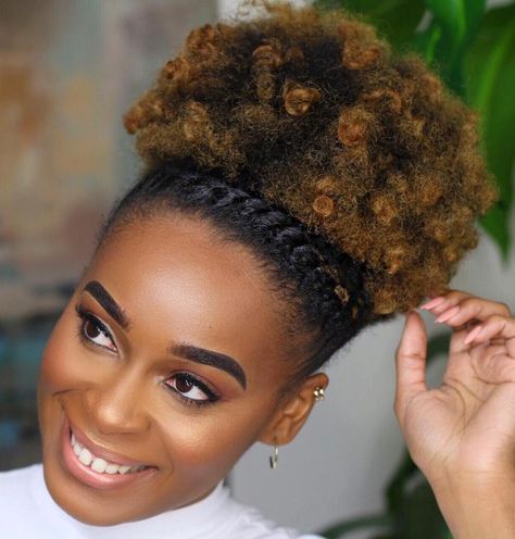 Afro Puff With A Braid Afro Puff Hairstyles, Natural Updo, Cabello Afro Natural, Hair Puff, Curly Hair Photos, Natural Afro Hairstyles, Natural Hair Twists, Afro Puff, Natural Hair Styles Easy