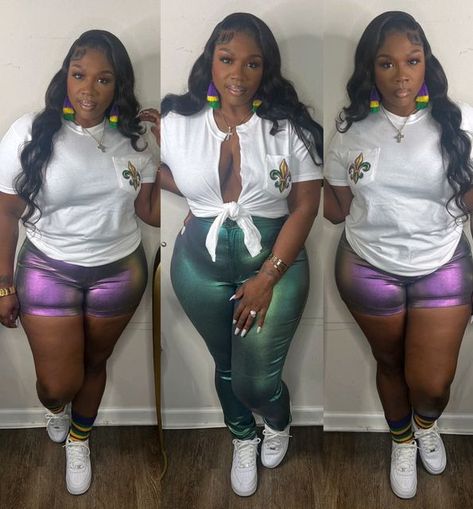 Mardi Gras Plus Size Outfit, Parade Outfit Ideas Black Women, Plus Size Mardi Gras Outfits, Madi Gras Outfit Ideas Black Women, Baddie Mardi Gras Outfits, Mardi Gras Fits, Mardis Gras Outfit, Mardi Gras Outfits Black Women, Diy Mardi Gras Outfit