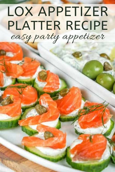 Lox Appetizer Platter - includes recipes for a delicious creamy lox dip, cucumber lox bites, and bagel lox bites. Use store-bought lox or my easy recipe for homemade lox. An AMAZING party platter for any holiday or party. #loxrecipes #partyfood #appetizer #lox Lox Dip, Lox Appetizer, Bagel Lox, Lox Recipe, Recipe Menu, Holiday Casseroles, Appetizer Platter, Party Platter, Appetizer Platters