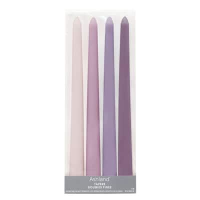 10" Mixed Purple Taper Candles by Ashland®, 4ct. | Michaels Purple Taper Candles, Purple Palace, Dark Wedding Theme, Floating Candle Centerpieces, Purple Candles, Tall Candle, Purple Themes, Candle Sizes, Soft Purple