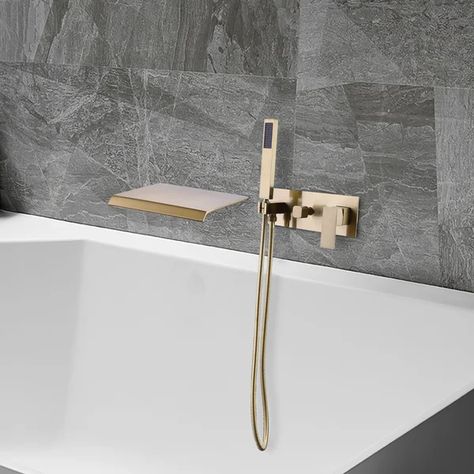 Single Handle Waterfall Bathtub Faucet Wall Mount Tub Filler With Hand Shower And Rough-In Valve Wall Waterfall, Wall Mount Tub Filler, Waterfall Bathtub, Wall Mounted Bath Taps, Spout Design, Waterfall Wall, Waterfall Faucet, Shower Holder, Brass Shower