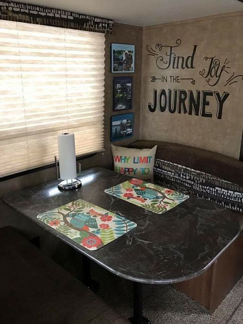 "Find Joy In The Journey" RV Decal - Photo Credit: Lisa Fuller Rv Embroidery, Decorating Camper, Camper Storage Ideas Travel Trailers, Rv Decals, Find Joy In The Journey, Camper Organization, Joy In The Journey, Trailer Decor, Rv Organization