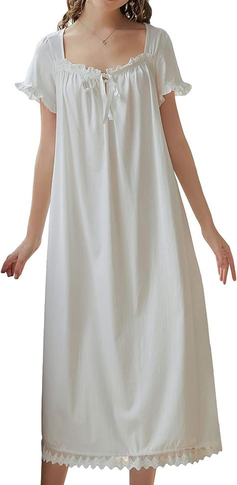 Lu's Chic Women's Victorian Nightgown Princess Cotton Sleepwear Short Sleeve Loungewear at Amazon Women’s Clothing store Night Sleep Dress, Princess Sleepwear, Nightgown Cotton, Women Nightwear Dresses, Cute Nightgowns, Princess Nightgowns, Linen Nightgown, Sleeping Gown, Cotton Night Dress