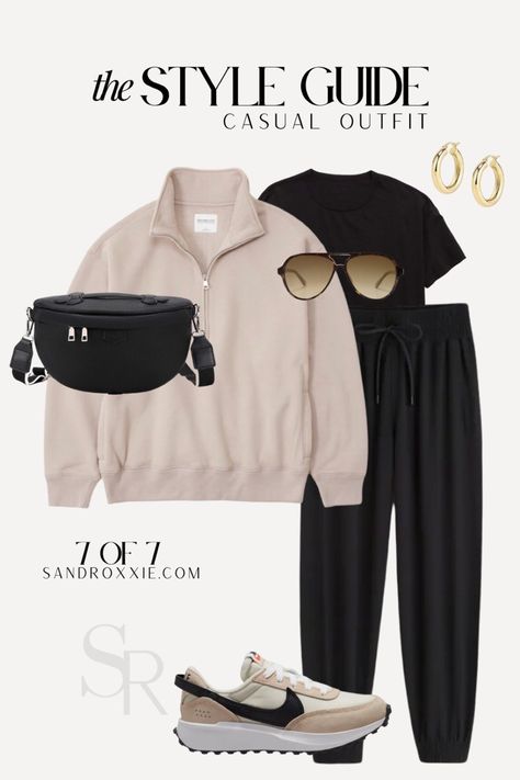 Casual outfit for the weekend, the style guide, fall and winter outfits Cream Half Zip Sweater Outfit, Sweater Sneakers Outfit, Office Athleisure Outfits, Business Casual Joggers Outfit, Joggers Winter Outfit, Sporty Office Outfit, Crossbody Nike, Wfh Fits, Athleisure Outfits Streetstyle