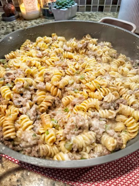 Philly Cheesesteak Pasta - The Tipsy Housewife French Onion Soup Cheese, Fall Recipes Sides, Philly Cheesesteak Pasta, Cheesesteak Pasta, The Tipsy Housewife, Tipsy Housewife, Philly Cheese Steak Casserole, Mushrooms And Onions, Steak Pasta