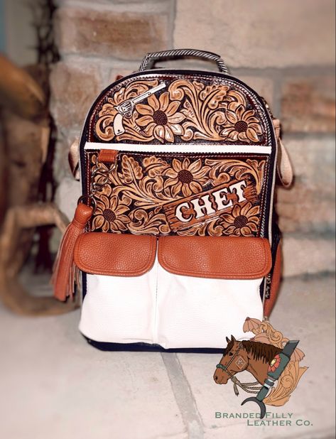 Tooled Leather Diaper Bag, Tooled Leather Backpack, Tooled Leather Tattoo, Hand Tooled Western Bags, Rustic Brown Hand Tooled Bag, Brown Hand Tooled Bag For Rodeo, Western Diaper Bag, Western Bags, Leather Diaper Bag