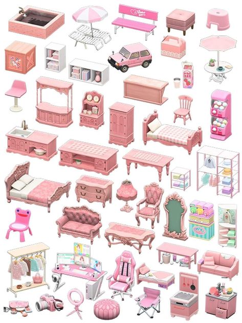 Animal Crossing Pink Pattern, Pink Themed Animal Crossing Island, Animal Crossing Bedroom Ideas Pink, Kawaii Island, Motif Acnl, Pink Island, Animal Crossing 3ds, Pink Furniture, Animal Crossing Memes