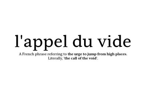 L'appel du vide is that tiny voice that tells you to jerk the steering wheel just to the right and take a flying leap off the ledge...that inclination to walk right into the ocean and never return...the call of the Siren song. The Call Of The Void, Call Of The Void, Latin Quotes, Unique Words Definitions, Fina Ord, French Phrases, Unusual Words, Rare Words, Word Definitions