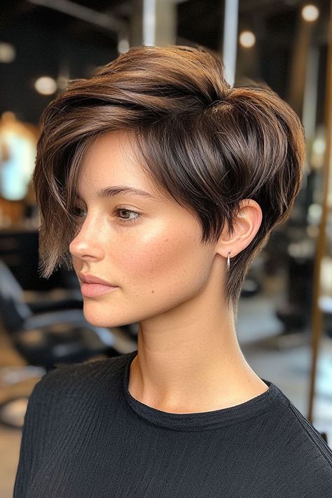 Sleek Chocolate Pixie, effortless pixie haircut, short haircuts for women Preppy Pixie Haircut, Short Hair Cuts For Girls 12, Pixie Brunette Hair, Short Brunette Hair Pixie, Short Girls Haircut, Girls Pixie Haircut Kids, Dark Brown Pixie Haircut, Leo Haircut, Girl Short Haircut