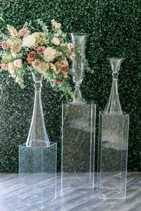 Pedestals & Flower Stands — Ruffled Rose Co. | Fine Art Floral Design Acrylic Flower Stand, Wedding Columns, Wedding Flower Inspiration, Aisle Decor, Beautiful Centerpieces, Floral Spray, Acrylic Flowers, Wedding Aisle, Wedding Ceremony Decorations