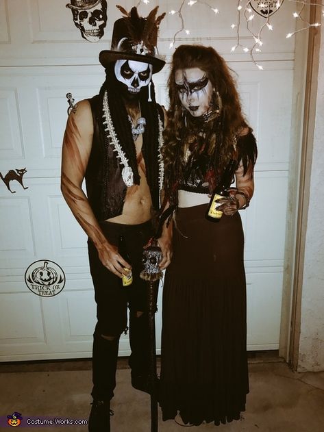 My boyfriend and I are dressed as a voodoo couple. I'm a voodoo priestess and he is a witch doctor. Halloween is my favorite time of year and I always go all out, as I am also a makeup artist! Coming up with unique concepts... Voodoo Priestess Costume, Witch Doctor Costume, Priestess Costume, Warlock Costume, Voodoo Costume, Doctor Halloween Costume, Voodoo Halloween, Doctor Halloween, Voodoo Priestess