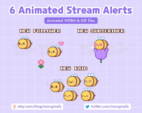 6 Animated Bee Twitch Stream Alerts Pack | Cute Pixel Bee Raid Stream Alerts | Bee Stream Pack Animated Bee, Twitch Alerts, Twitch Stream, Twitch Streamer, Twitter Instagram, Etsy Australia, Drawing And Illustration, Drawing Illustrations, Bee