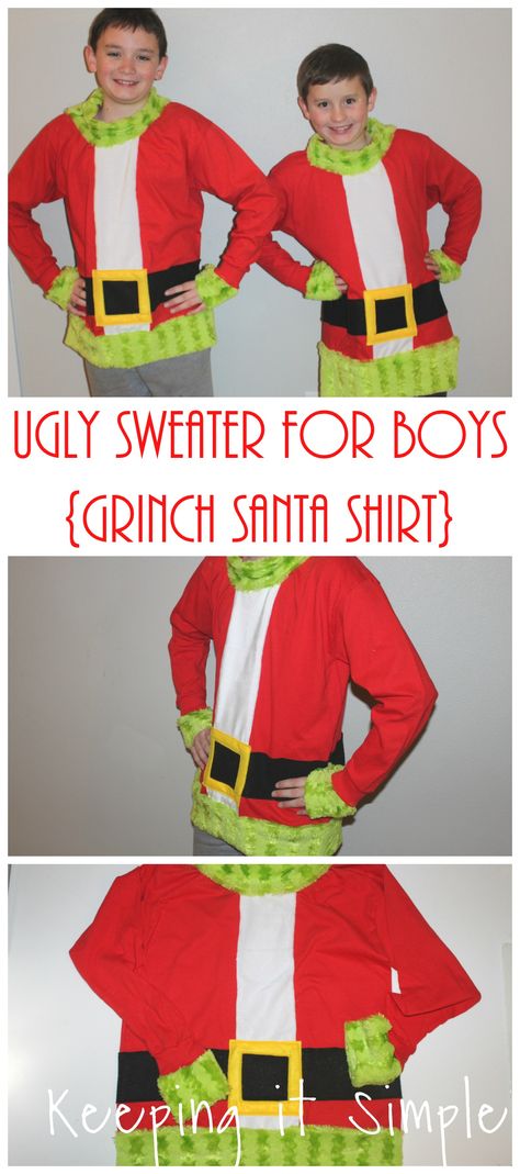 Diy Grinch Shirts For Kids, Diy Grinch Shirt, Grinch Ugly Sweater, Grinch Hair, Grinch Costume, Diy Grinch, Grinch Costumes, Diy Christmas Sweater, Grinch Santa