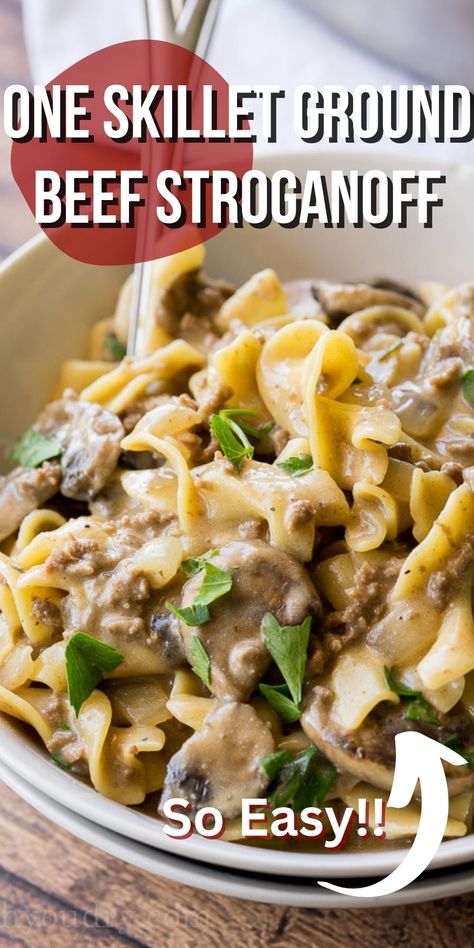 This One Skillet Ground Beef Stroganoff is filled with hearty ground beef, mushrooms and tender egg noodles in a delicate, yet simple, creamy sauce. Ground Beef And Mushroom Recipes, Beef Stragonoff Recipe, Stragonoff Recipe, Ground Beef Mushroom Recipe, Ground Beef Mushrooms, Beef And Mushroom Recipe, Creamy Ground Beef, Ground Beef Stroganoff Recipe, Ground Beef Pasta Recipes