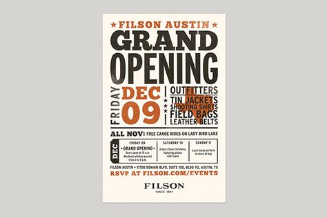 Filson typographic grand opening poster in Austin Texas. Bar Opening Poster, Grand Opening Poster, Country Bar, Fitness Branding, Grocery Ads, Lab Design, Pop Up Bar, Bar Poster, Christmas Pops