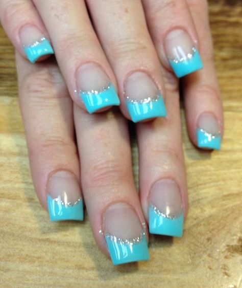 Teal Nail Tip Designs, French Manicure Beach Designs, Teal French Tip Nails, Triangle Nails, Minion Nails, Short Coffin Nails Designs, Nail Spring, Aqua Nails, Nail Tip Designs