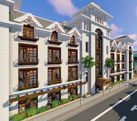 Minecraft City Decorations, Minecraft Hotel Lobby, Minecraft Luxury House, Minecraft Theater, Minecraft Zoo Layout, Hotel In Minecraft, Minecraft Hotels Ideas, Ville Minecraft, Minecraft Hotel