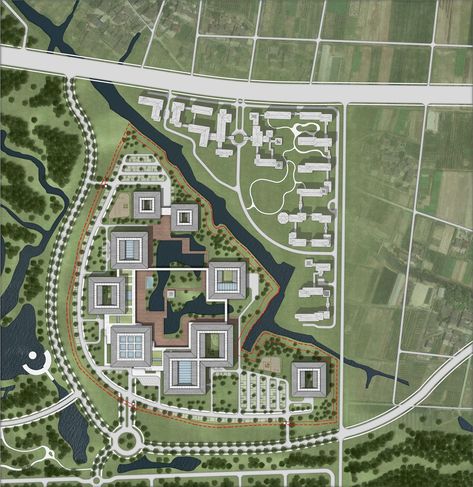 Wuzhen Medical Park - Projects - gmp Architekten Campus Planning, Parking Plan, Landscape Plaza, Architecture Site Plan, Hospital Architecture, Industrial District, Healthcare Architecture, Urban Landscape Design, Psychiatric Hospital