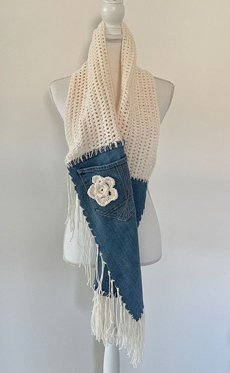 Repurposed Scarves, Denim Scarf, Hippie Scarf, Crochet Scalloped Edge, Denim Crochet, Bohemian Scarf, Bohemian Scarves, Boho Scarf, Blue Jeans Crafts