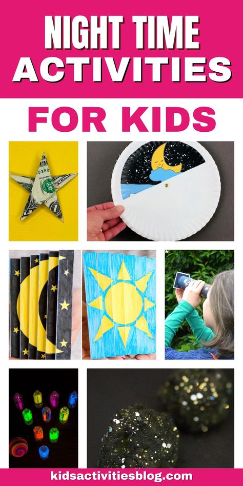 We love these night time activities for kids inspired by all things night…but not necessarily bed time! We have a cool list of night activities that include stars, moon, dark and more. Kids of all ages will love exploring the night through crafts and activities that work well at home or in the classroom. Night Time Crafts Preschool, Day Night Craft Preschool, Preschool Night Theme, Nighttime Preschool Activities, Day And Night Lesson Plan Preschool, Preschool Day And Night Activities, Day And Night Kindergarten Activities, Day And Night Activities Preschool, Night Activities For Kids