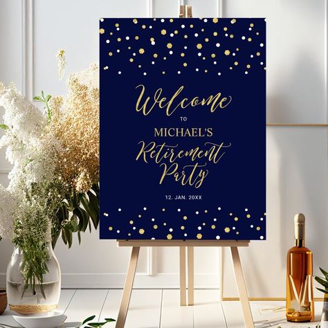 Gold & Navy Blue Confetti Retirement Party Welcome Foam Board - tap/click to personalize and buy #FoamBoard #retirement, #retirement #party, #confetti, #modern, Christmas Party Crafts, 59 Birthday, Confetti Design, Retirement Party Gifts, Blue Confetti, Black Confetti, Mimosa Bar Sign, Welcome Board, Kids Christmas Party