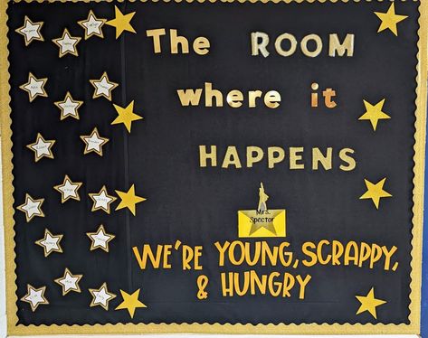 Hamilton the musical - Bulletin board idea High School Musical Bulletin Board Ideas, Hamilton Bulletin Board, Hamilton Classroom Decor, Music Themed Bulletin Boards, Hamilton Classroom, Hamilton The Musical, Music Bulletin Boards, Music Classroom Decor, Dance Education