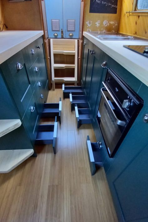 Narrow Boat Storage Ideas, Narrowboat Bedroom Storage, Narrowboat Storage Ideas, Narrowboat Bedroom Ideas, Narrowboat Bathroom Ideas, Narrowboat Interiors Inspiration, Narrowboat Storage, Narrowboat Bedroom, Galley Kitchen Storage